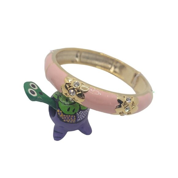 Women's Pink Enamel Crystal Studded Bangle Bracelet with Gold Decor - Picture 1 of 4